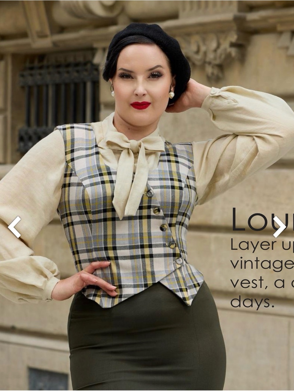 Plaid Cream & Olive Tailored Vest with Cream Bow Blouse - miss candyfloss 4X